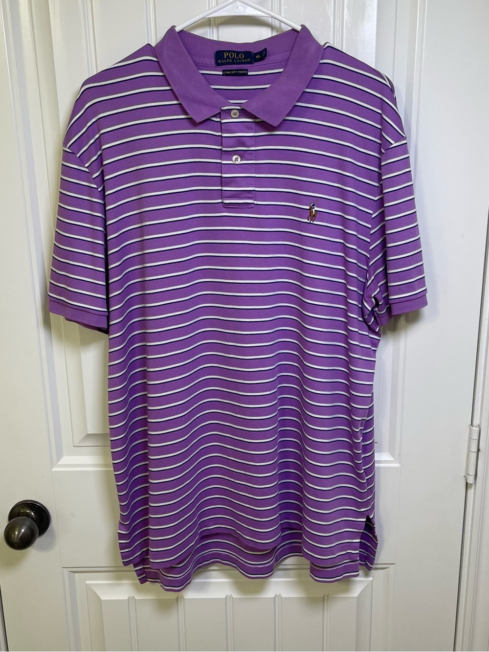 Polo Ralph Lauren Men XL Purple White Striped Pima Soft Touch Short Sleeve Shirt - Picture 2 of 9
